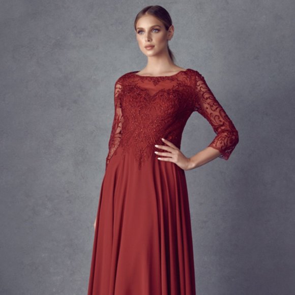 NEW LONG A-LINE DRESS WITH SHEER SLEEVES EMBROIDERED WITH RHINESTONES JT M11